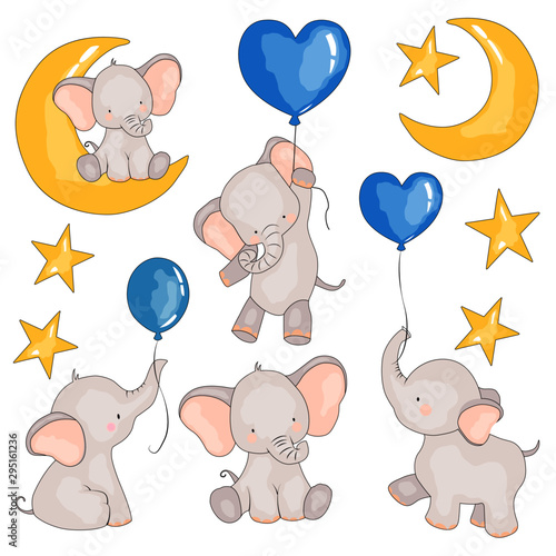 set of pictures of elephants, balloons, and an elephant for months