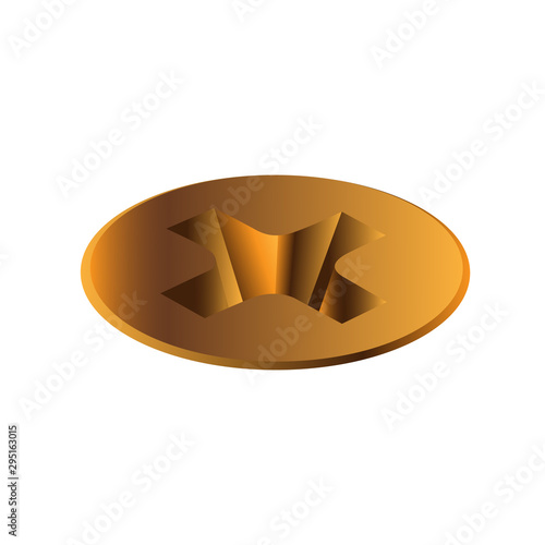 Isometric, Twisted in surface golden self-tapping screw, head. Macro view of wide gold a hat metalware isolated on white background. Vector illustration.