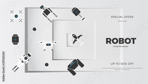 Modern robot technology vector banner template. Creative background with stylish robotic machine, drone, autonomous vehicle, smart home assistant. Future concept design