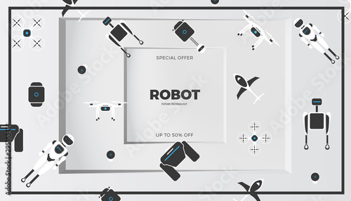 Modern robot technology vector banner template. Creative background with stylish robotic machine, drone, autonomous vehicle, smart home assistant. Future concept design