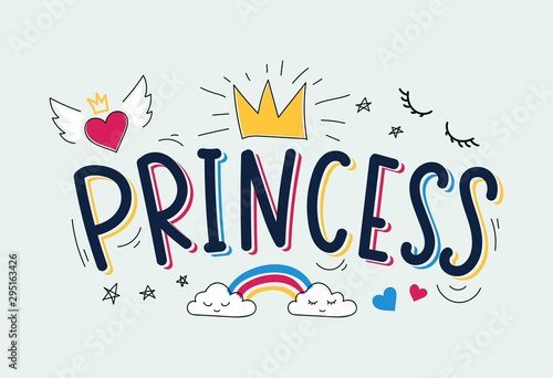 Pretty princess inspirational card quote banner vector illustration. Girly childhood room carefree design with rainbow, heart with wings and crown. Children birthday invitation card concept