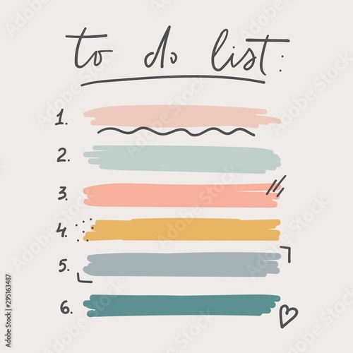 Multicolored to do list schedule template vector illustration. Different grunge brush strokes. Variety abstract paint stripes and distressed banners. Isolated on pastel tones photo