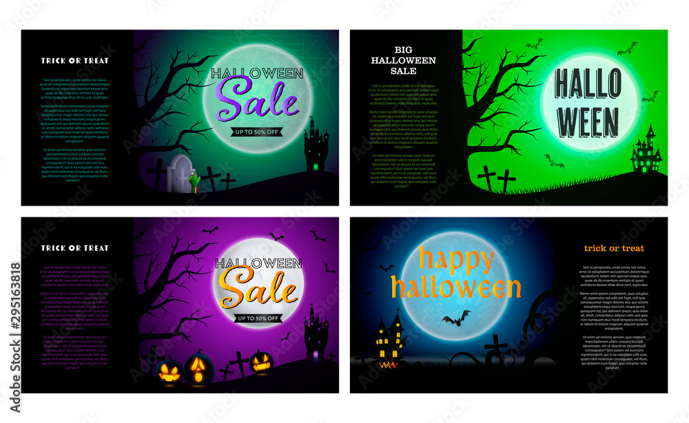 Happy Halloween black, green banner set with castles and graves. Halloween, October, trick or treat. Lettering can be used for greeting cards, invitations, announcements