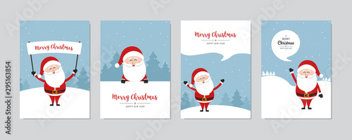 Christmas card set. Merry Christmas and Happy New Year greeting with cute santa claus lettering vector.