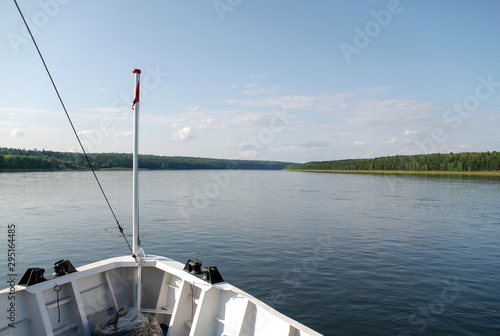 The motor ship goes along the Yenisei River from the city of Krasnoyarsk to the village of Dudinka, Russia photo