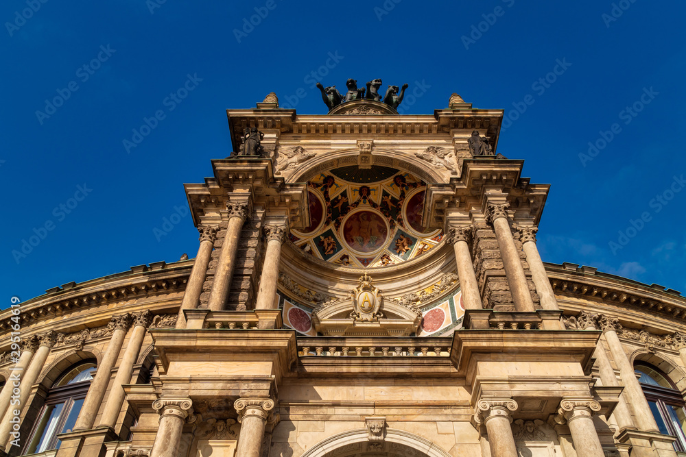 view up to the famous semper oper in dresden on blue sky in sunlight at summer