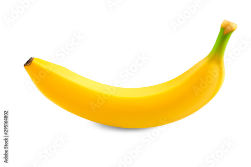 Side view of a whole single unpeeled ripe juicy healthy yellow banana isolated on white background