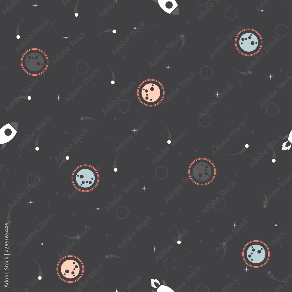 Space exploration seamless pattern vector background. Cute hipster retro style design template with Moon, Mars planet, Rocket and Stars Space exploration seamless pattern vector background. Cute hipster retro style design template with Moon, Mars planet, Rocket and Stars