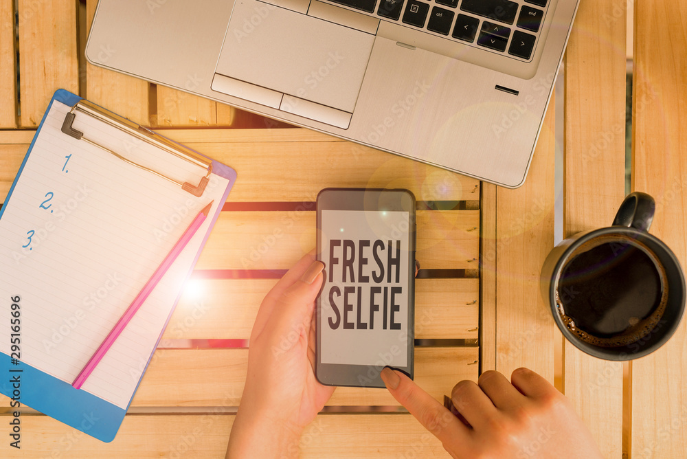 Conceptual hand writing showing Fresh Selfie. Concept meaning take a  picture of yourself with no makeup filter or edit woman with laptop  smartphone and office supplies technology Photos | Adobe Stock
