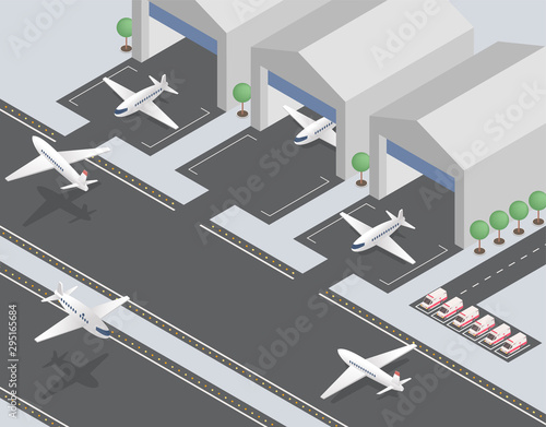 Departing, arriving planes isometric vector illustration. Civil aviation, passenger transportation industry, commercial airline. Modern airfield, airport runway with aircrafts and ambulance cars