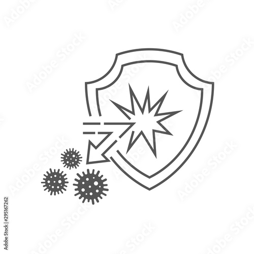 Medical immune shield reflects the attack of bacteria and viruses. The concept of the immune system, antibacterial protection health. Vector illustration isolated on white background. EPS 10.