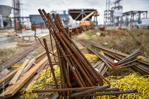 Detail with reinforcing iron bars on a construction site