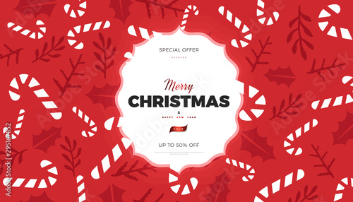 Christmas or New Year commercial banner background with candies, and forest leaves retro style vector winter design