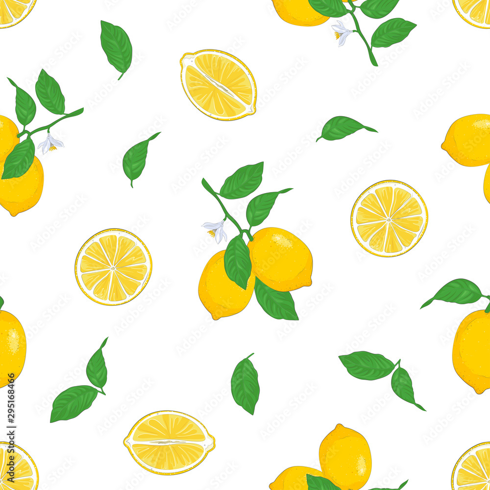 Seamless vector lemons pattern. Fresh citruses on a white background, flowers, leaves, lemons.