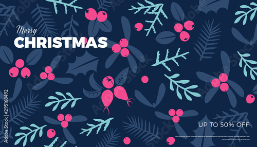 Christmas and New Year commercial banner background with wild forest leaves and berries retro style vector winter design