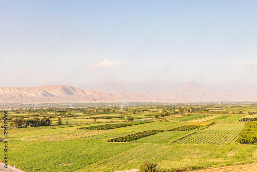 Western Asia,Eurasia,South Caucasus, Republic of Armenia. Ararat Province. Ararat Valley. Lusarat. View of agricultural fields from the Khor Virap Monastery.