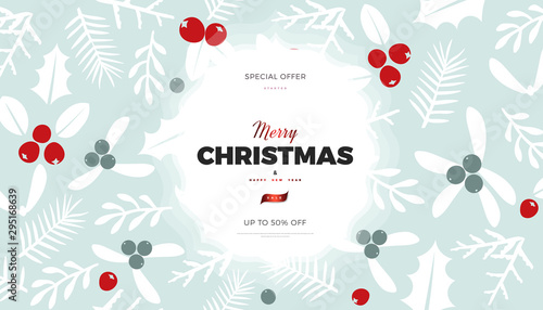 Christmas and New Year commercial banner background with wild forest leaves and berries retro style vector winter design