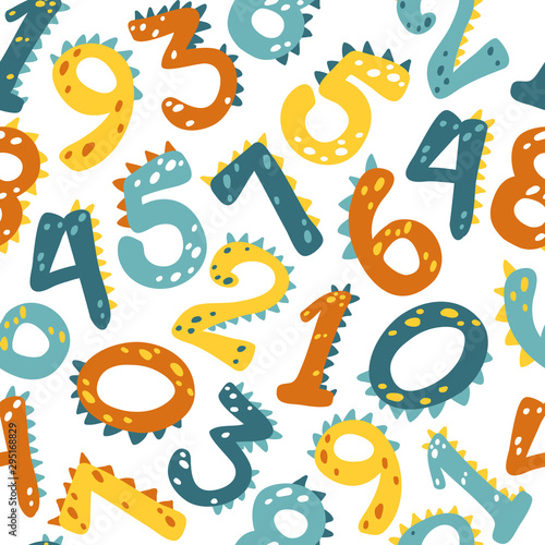 Dino numbers. Vector seamless patten in a simple cartoon style. A colorful illustration is ideal for printing on kid's textiles, educational materials.