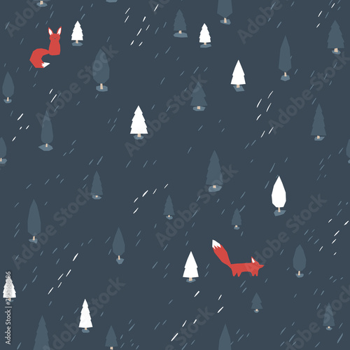 Forest pattern with a fox. Vector seamless background in simple scandinavian style. The limited palette is ideal for printing, textiles, wallpaper in the nursery
