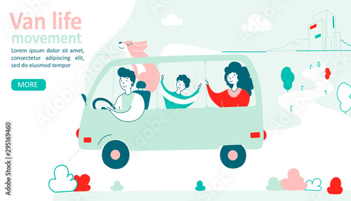 Van life movement. Lifestyle concept family in a dog traveling in a van. Vector illustration in flat style. Comfortable transport. Camping concept, road trip, van life movement. Travel