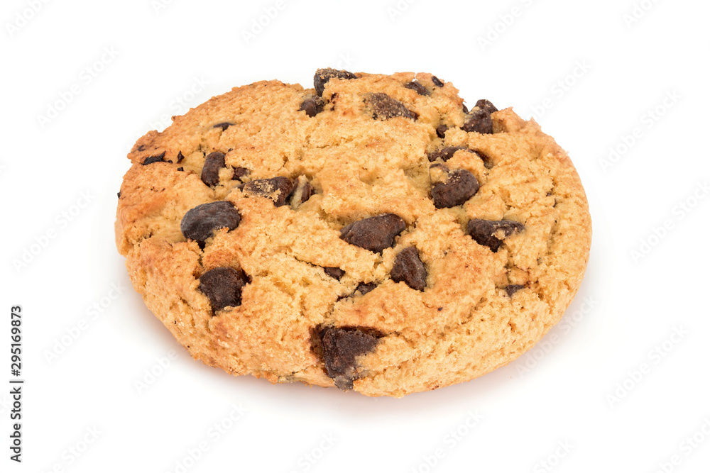 Homemade cookies. Sweet cookie with chocolate chips. Tasty biscuit in high resolution close-up, isolated on white background with shadows. Homemade bakery. Homemade cookies. Sweet cookie with chocolate chips. Tasty biscuit in high resolution close-up, isolated on white background with shadows. Homemade bakery.