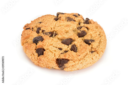 Homemade cookies. Sweet cookie with chocolate chips. Tasty biscuit in high resolution close-up, isolated on white background with shadows. Homemade bakery.