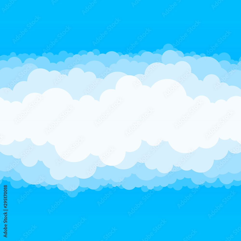 Clouds and blue sky background. Vector flat air white cloud cartoon on sky horizon Clouds and blue sky background. Vector flat air white cloud cartoon on sky horizon