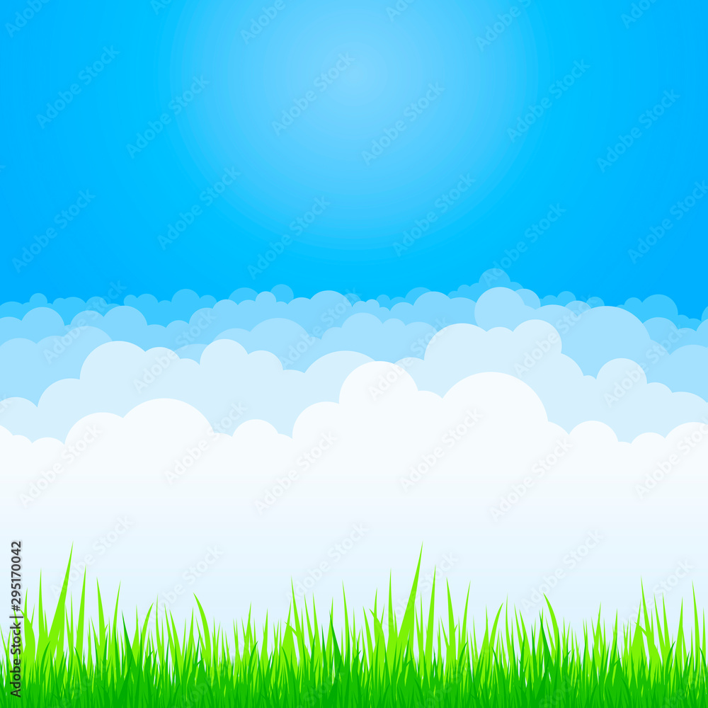 Clouds on blue sky with green grass background. Vector flat air white cloud cartoon on sky horizon