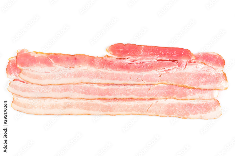 Rasher or smoked sliced bacon ready for cooking. Three pieces of pork belly, isolated on a white background, close-up.