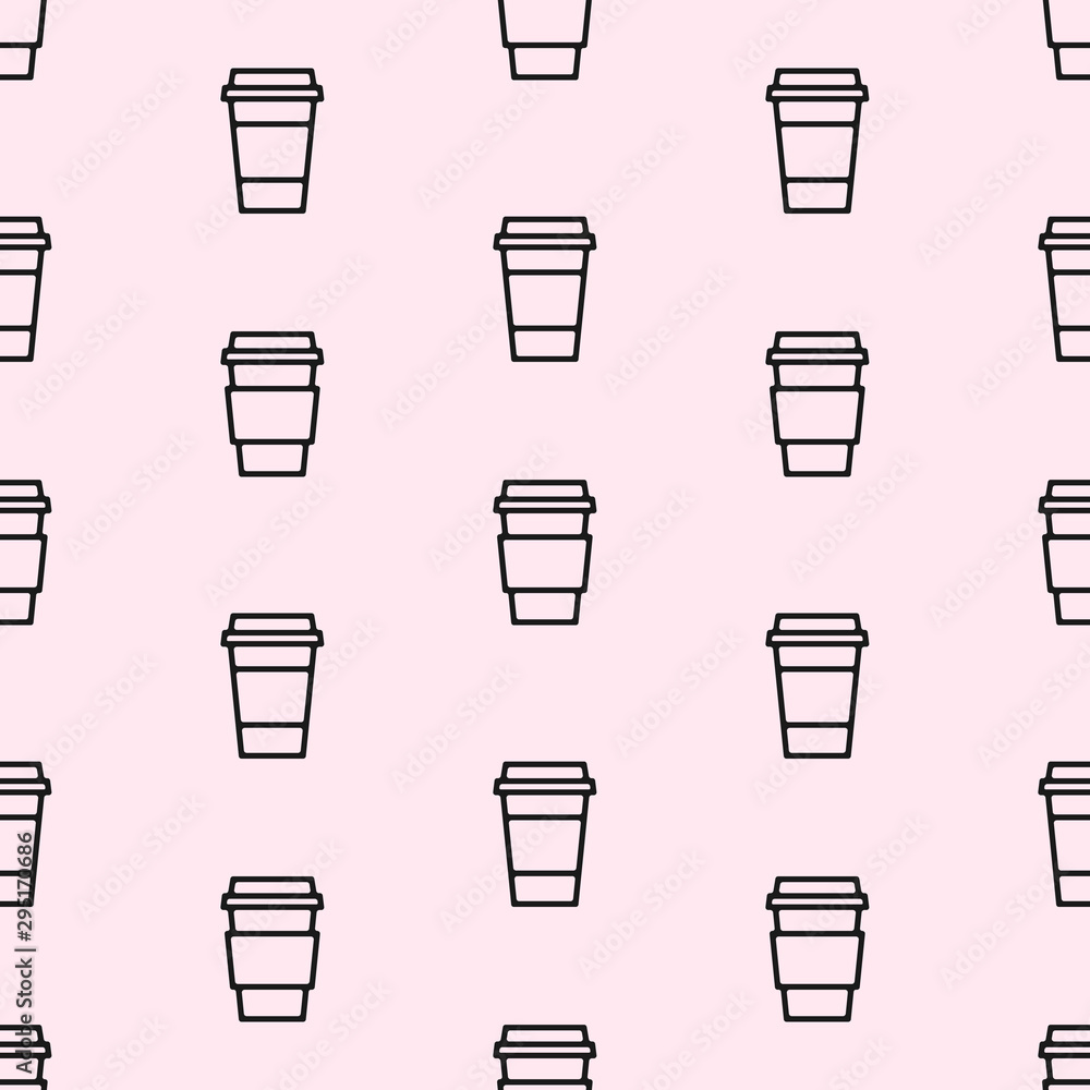 Vector seamless pattern of coffee cup outlines on a pale pink background.