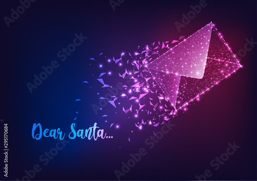 Letter to Santa Claus background with glowing low polygonal flying mail and text Dear Santa.
