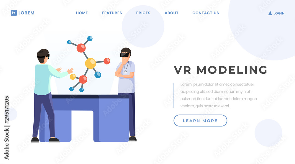 VR modeling landing page vector template. Modern science and technology innovation website homepage interface idea with flat illustration. Virtual reality research web banner cartoon concept VR modeling landing page vector template. Modern science and technology innovation website homepage interface idea with flat illustration. Virtual reality research web banner cartoon concept