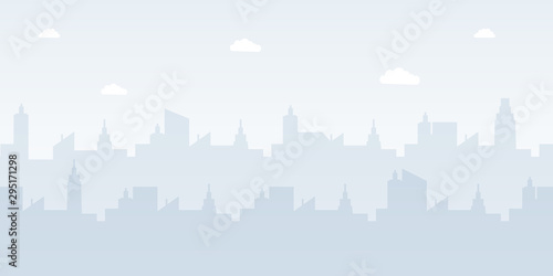 Modern urban landscape flat vector illustration. Foggy metropolis panorama, misty midtown skyline decorative background concept with copyspace. Business district buildings, skyscrapers silhouette