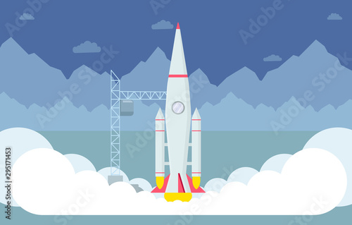 Rocket taking off flat vector illustration. Spaceship takeoff testing, space exploration program, interstellar expedition launch. Modern spacecraft, flying rocketship and mountains silhouette