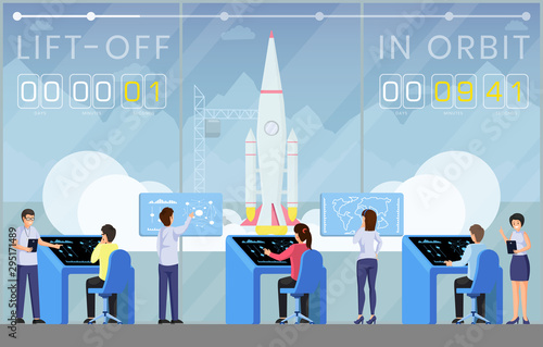 Spaceship launch countdown flat vector illustration. Ground control center workers, engineers team controlling launch cartoon characters. Rocket science, space exploration technology banner template