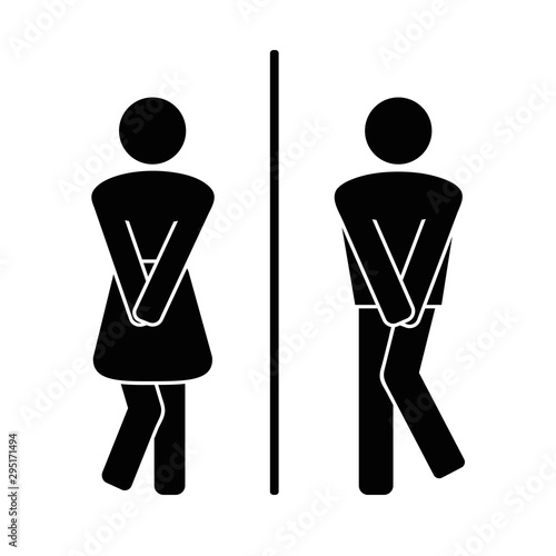 Funny wc door flat symbols. Girls and boys restroom, toilet couple signing, desperate pee woman man wc icons, fun bathroom door signs, humor public washroom silhouettes. Vector illustration.
