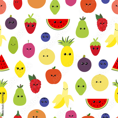 Fototapeta Naklejka Na Ścianę i Meble -  Vector seamless pattern of a mixture of fresh fruit with cute faces.
