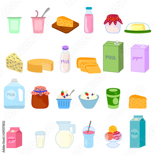 Dairy products  milk  cheese  yogurt  cottage cheese  butter and ice cream. Healthy food. Vector illustration 