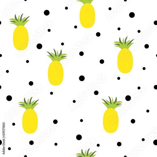 Vector seamless pattern of pineapples on a black polka dot background.