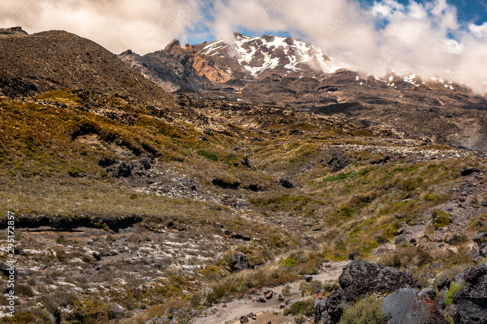 The extreme volcanic rock lava terrain around the snow capped volcano in New Zealand's desert road The extreme volcanic rock lava terrain around the snow capped volcano in New Zealand's desert road