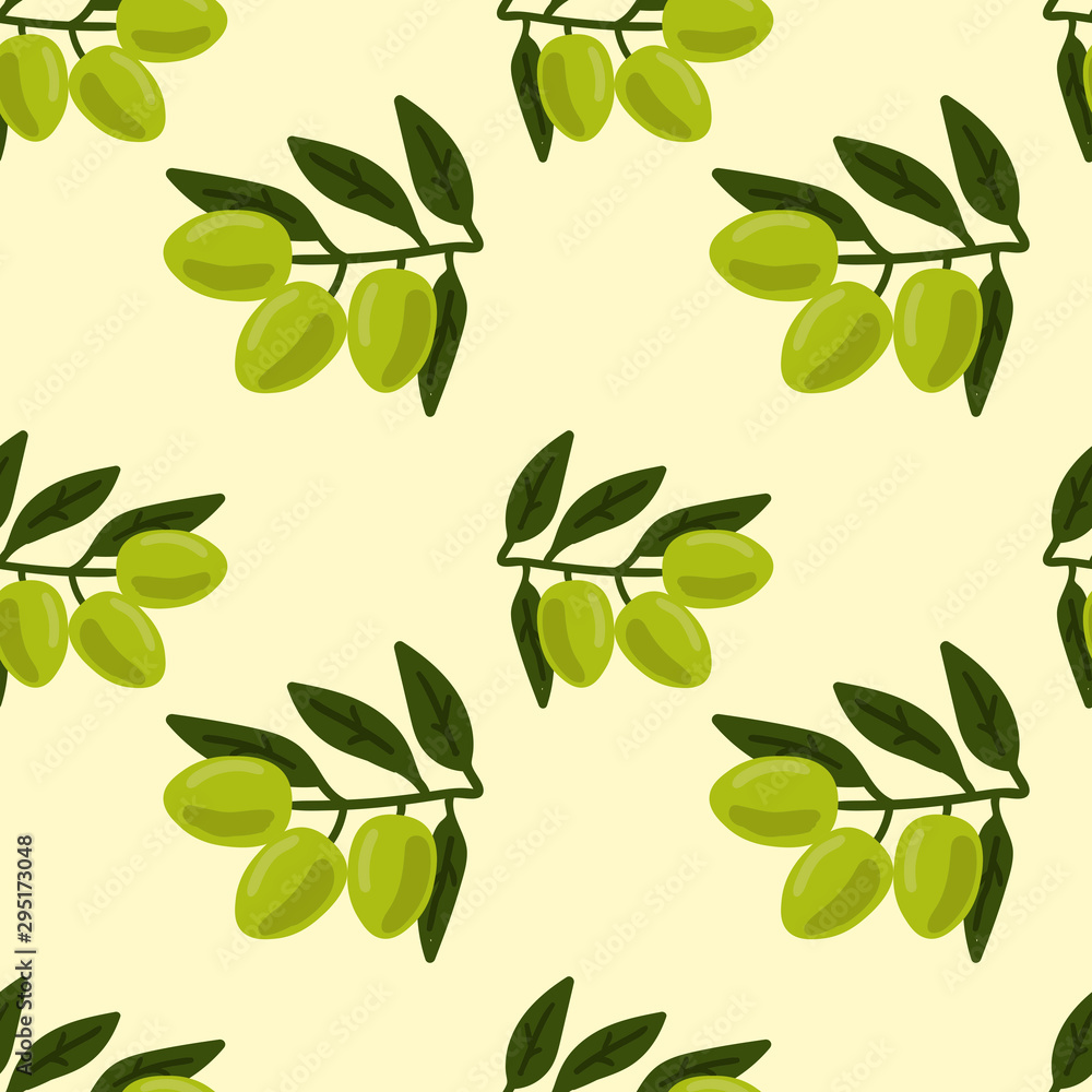 Green olive branch with berries and leaves seamless pattern. Vegetables background. Vector illustration.  