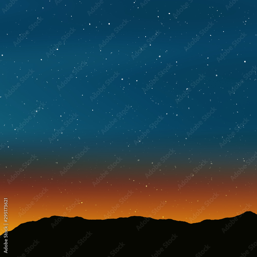Stars in night sky at dusk. Horizon line, mountains, sun light just behind the horizon, orange blue colored light sky with the stars. Background illustration