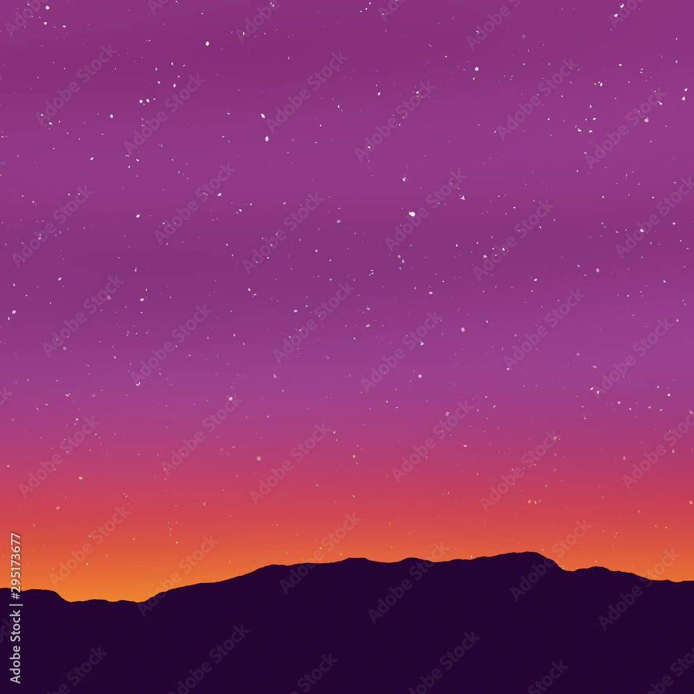 Stars in night sky at dusk. Horizon line, mountains, sun light just behind the horizon, orange blue pink colored light sky with the stars. Background illustration with copy space