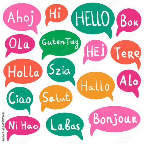 Hello, Hi with speech bubbles on different languages. Translation concept. Hand drawn icons isolated on white background.  Vector illustration. 