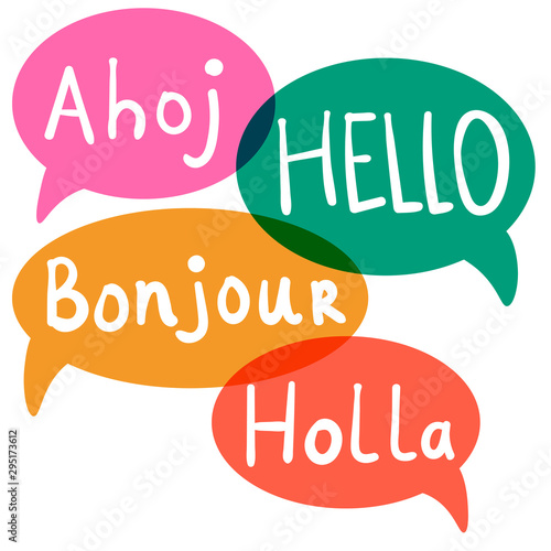 Hello, Hi with speech bubbles on different languages. Translation concept. Hand drawn icons isolated on white background.  Vector illustration. 