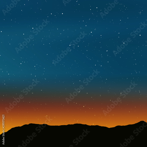 Stars in night sky at dusk. Horizon line  mountains  sun light just behind the horizon  orange blue colored light sky with the stars. Background illustration