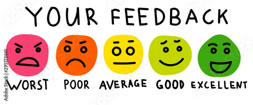 Cute feedback emotion icons. Colorful emotions signs, cartoon emotional faces for communication and support satisfaction concepts, client happiness survey icon set. Vector illustration.