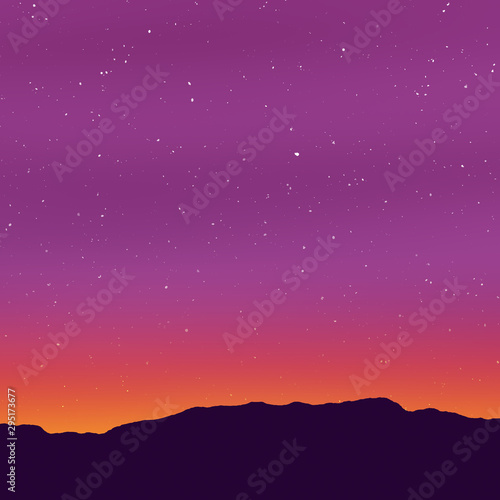 Stars in night sky at dusk. Horizon line, mountains, sun light just behind the horizon, orange blue pink colored light sky with the stars. Background illustration with copy space