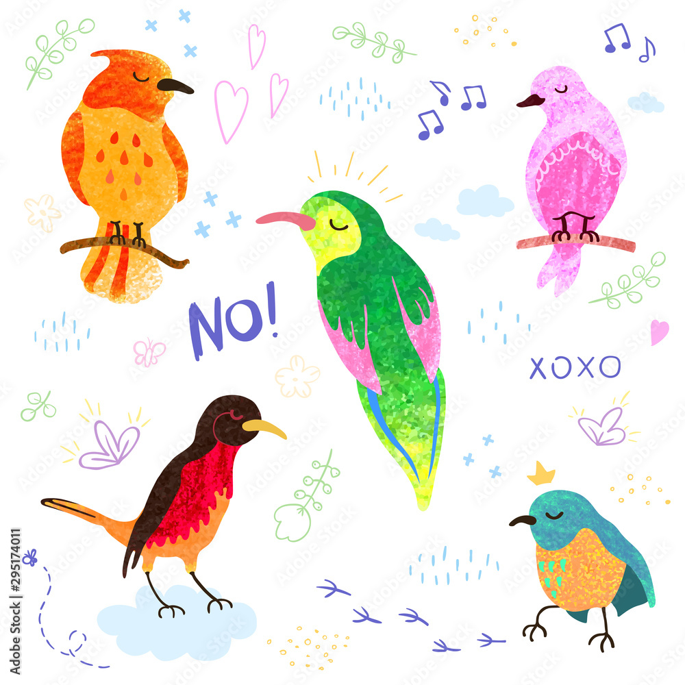 Vector colorful set with illustrations of cute birds isolated on white background. Can be used as elemets for your design for greeting cards, nursery, poster, card, birthday party, packaging paper