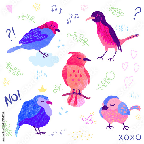Vector colorful set with illustrations of cute birds isolated on white background. Can be used as elemets for your design for greeting cards, nursery, poster, card, birthday party, packaging paper